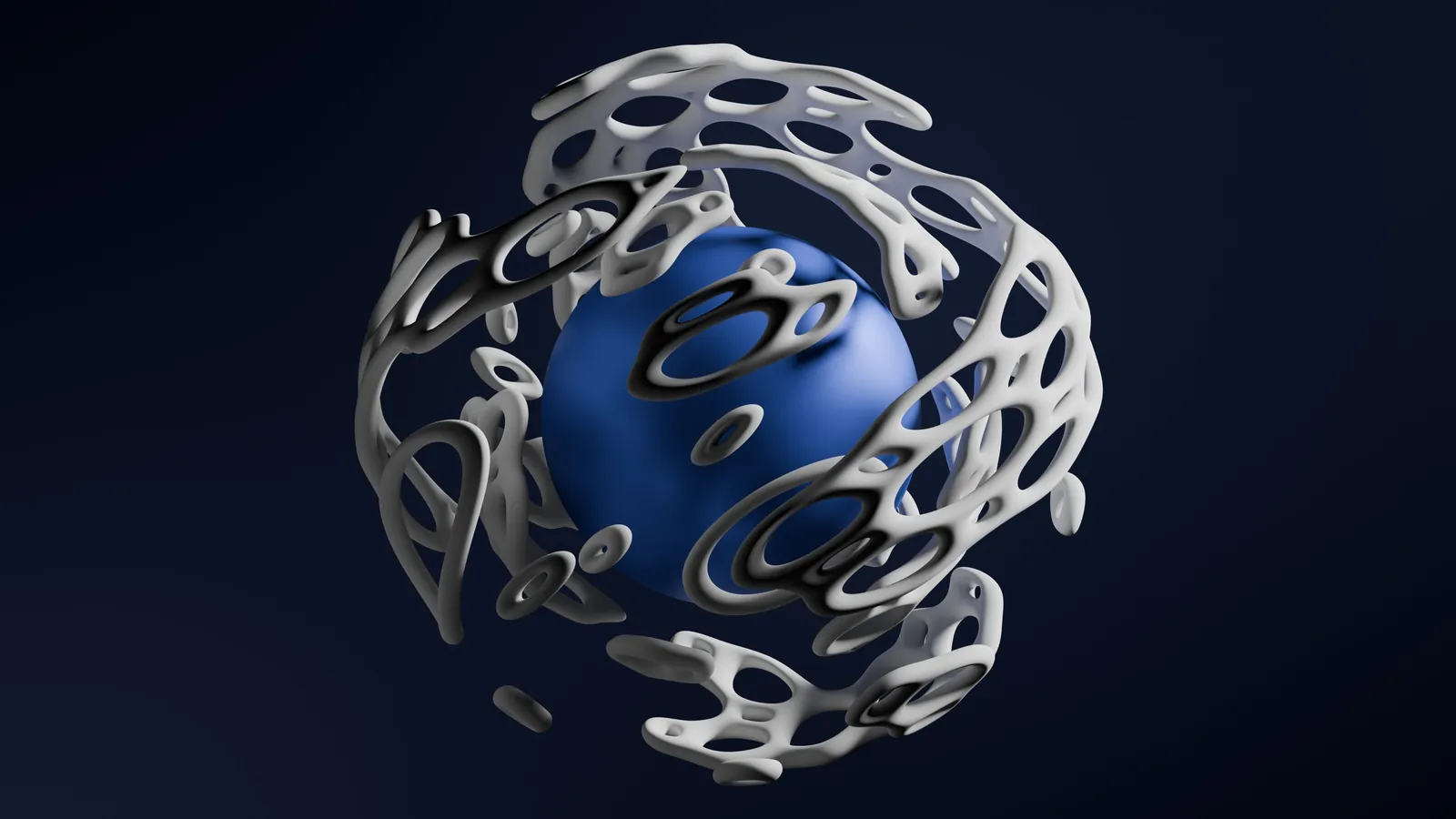Blue sphere enclosed by a perforated metallic shell