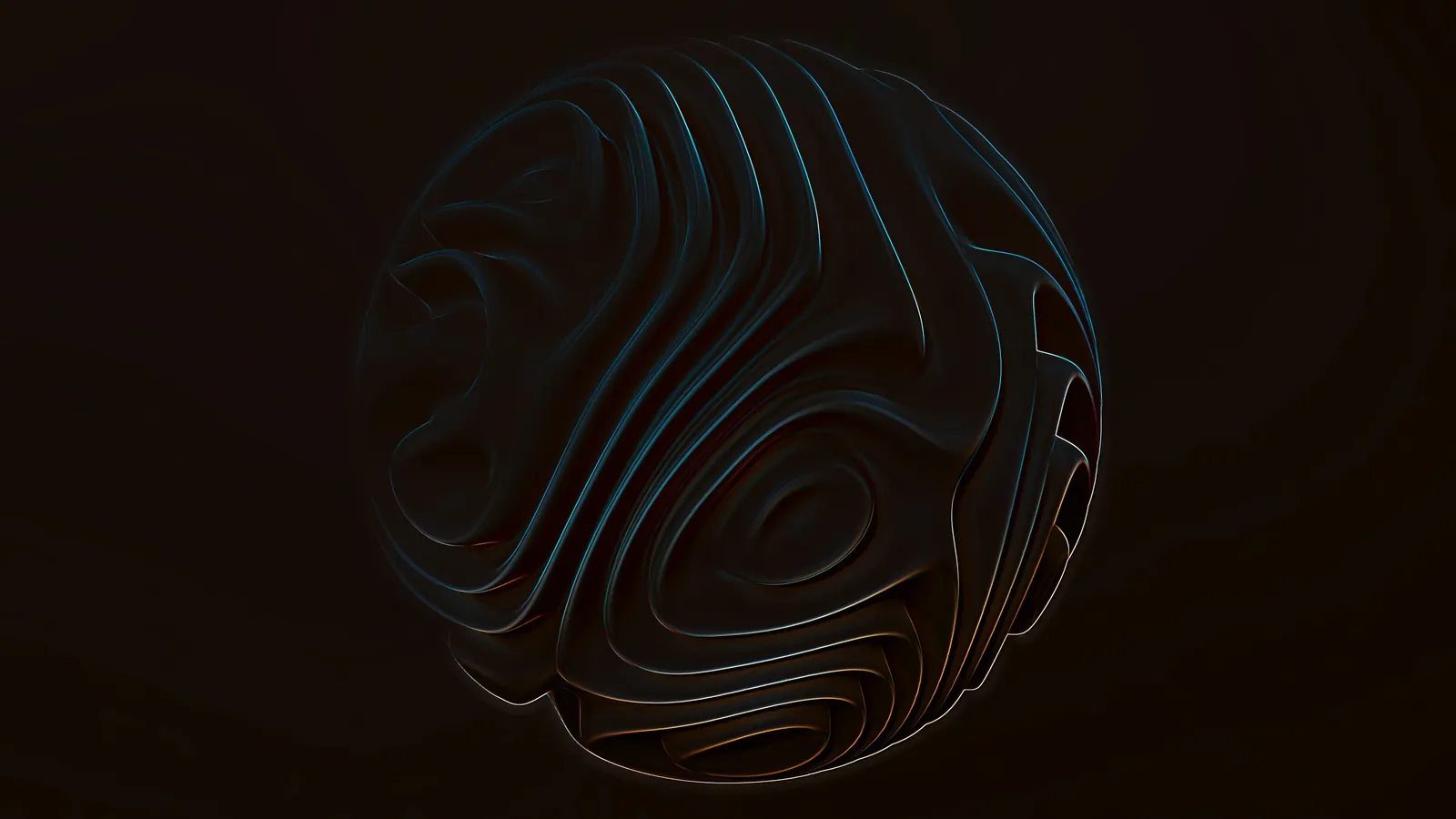 Dark sculpted sphere outlined by subtle coloured light