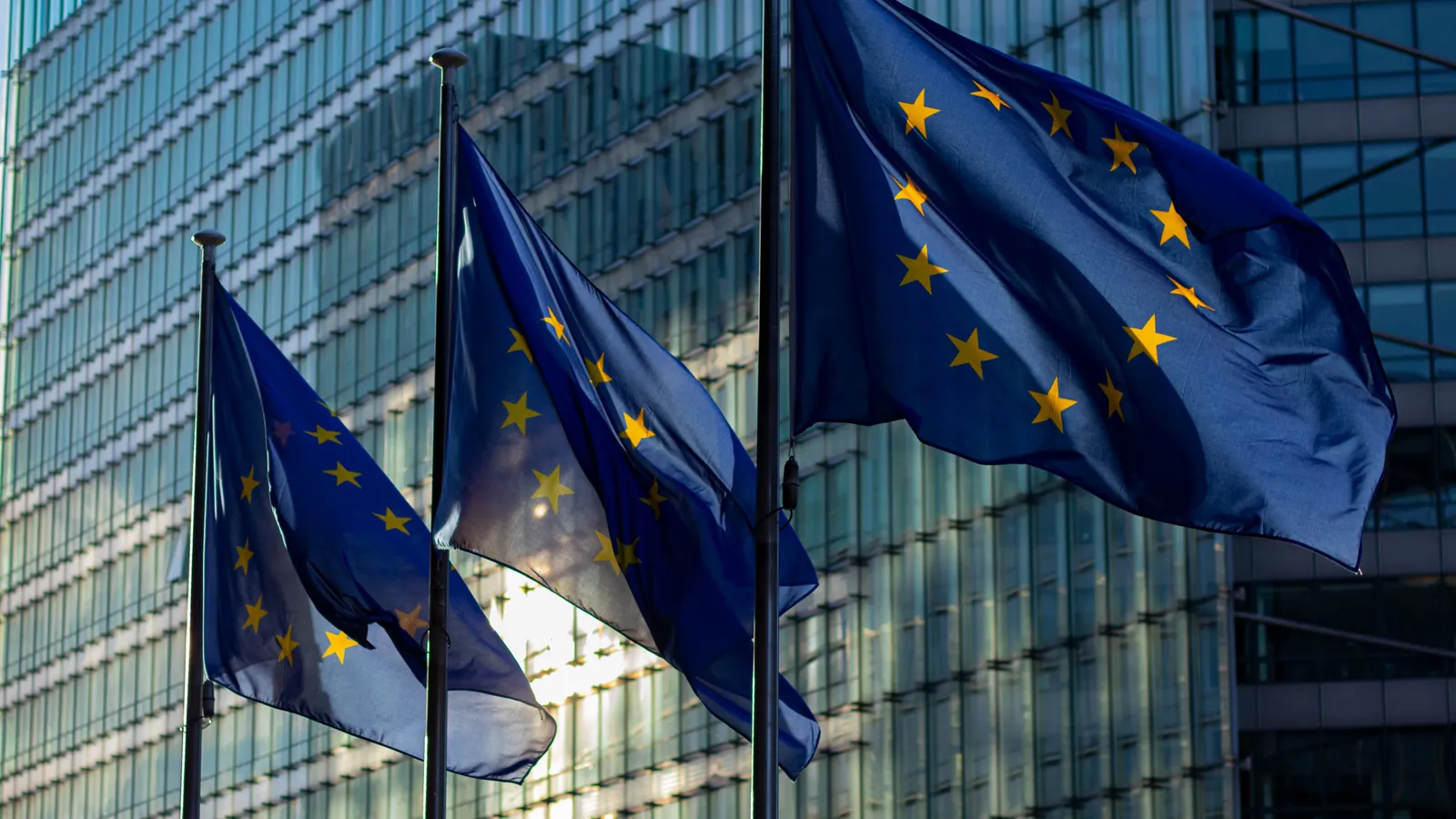 Blue flags with yellow stars beside a glass building