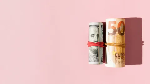 Rolled US dollar and euro banknotes on a pink background