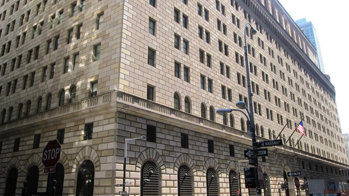 The stone facade of the Federal Reserve Bank of New York, which stores gold for foreign central banks