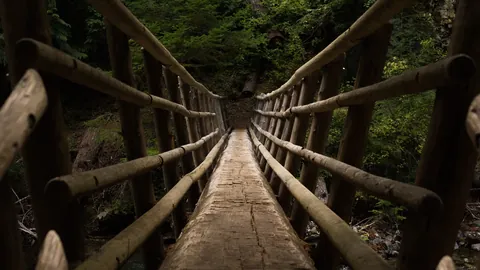 Wooden rope bridge with gaps between its planks