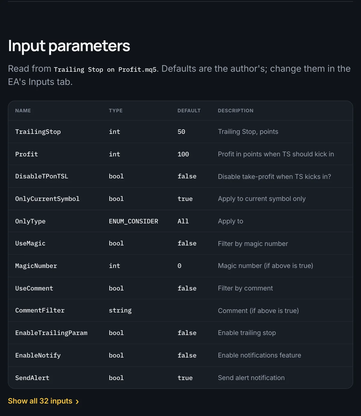 Screenshot of an EA Library page showing an expert advisor’s input parameters table with the name, type, default value and description of settings such as TrailingStop and MagicNumber