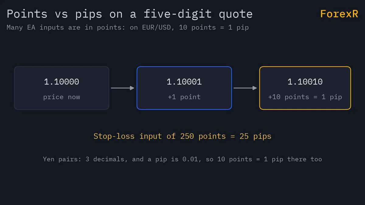 Diagram showing a five-digit EUR/USD price moving by one point and by one pip, with the note that a 250-point stop-loss equals 25 pips