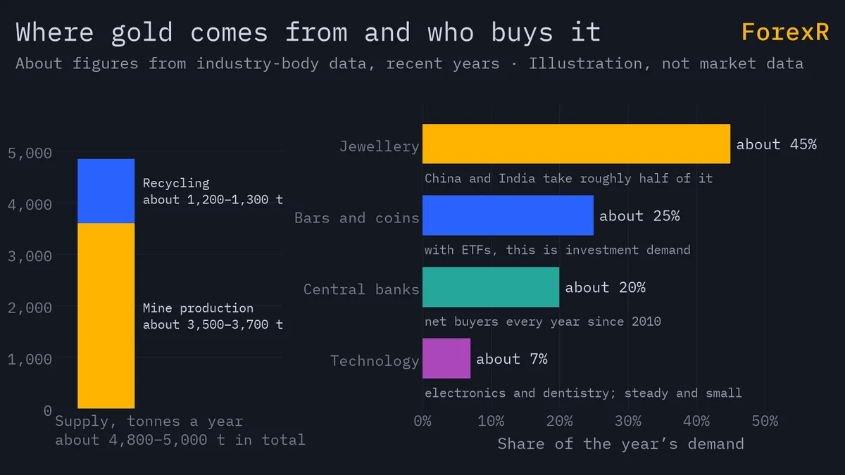 Stacked bar of yearly gold supply, about 3,500-3,700 tonnes mined and 1,200-1,300 recycled, beside horizontal bars of demand shares: jewellery about 45%, bars and coins 25%, central banks 20%, technology 7%