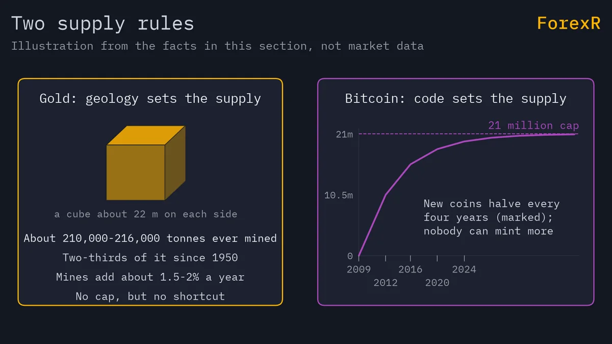 Diagram: a gold cube labelled all gold ever mined, about 210,000-216,000 tonnes, beside bitcoin’s supply curve flattening towards a dashed 21 million cap with the 2012, 2016, 2020 and 2024 halvings marked