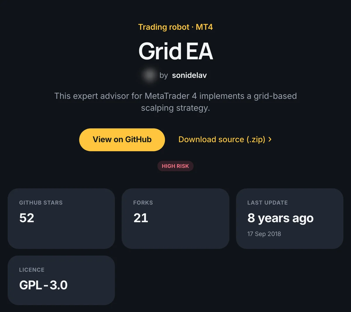 Screenshot of a grid-trading EA page in the EA Library showing a High risk badge, a last update eight years ago and a GPL-3.0 licence