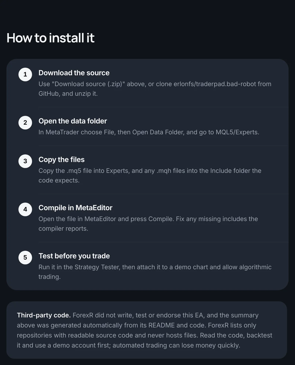 Screenshot of the How to install it box on an EA page in the ForexR EA Library, listing five steps from downloading the source to testing on a demo chart