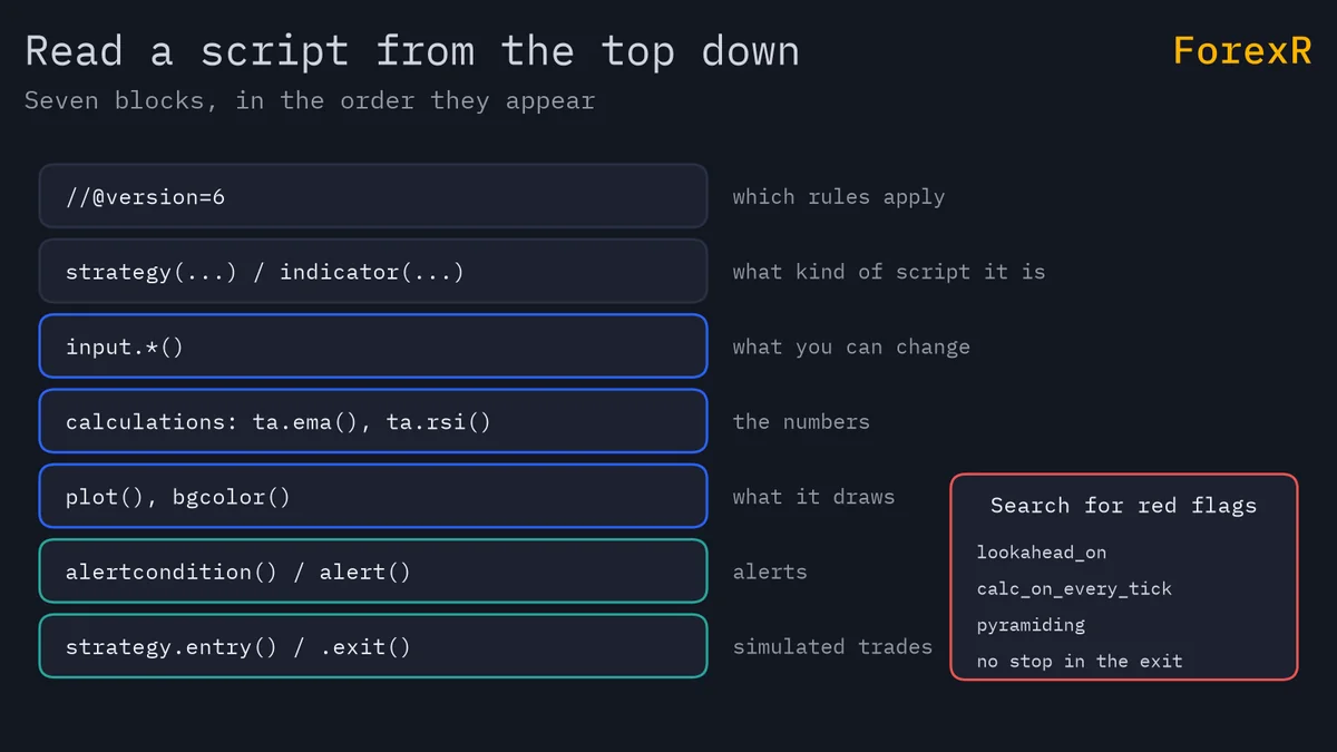 Diagram of a Pine script skeleton read top to bottom: version, declaration, inputs, calculations, plots, alerts and strategy calls, with a red box listing four code phrases to search for