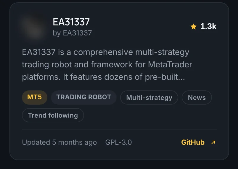 Screenshot of one EA card in the ForexR EA Library showing the EA name, author, GitHub stars, summary, platform and strategy tags, last update, licence and a GitHub link