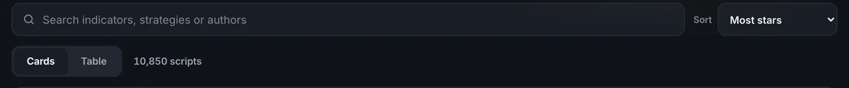 Screenshot of the Pine Library search box reading Search indicators, strategies or authors, with the sort menu set to Most stars and the view switch and script count below it