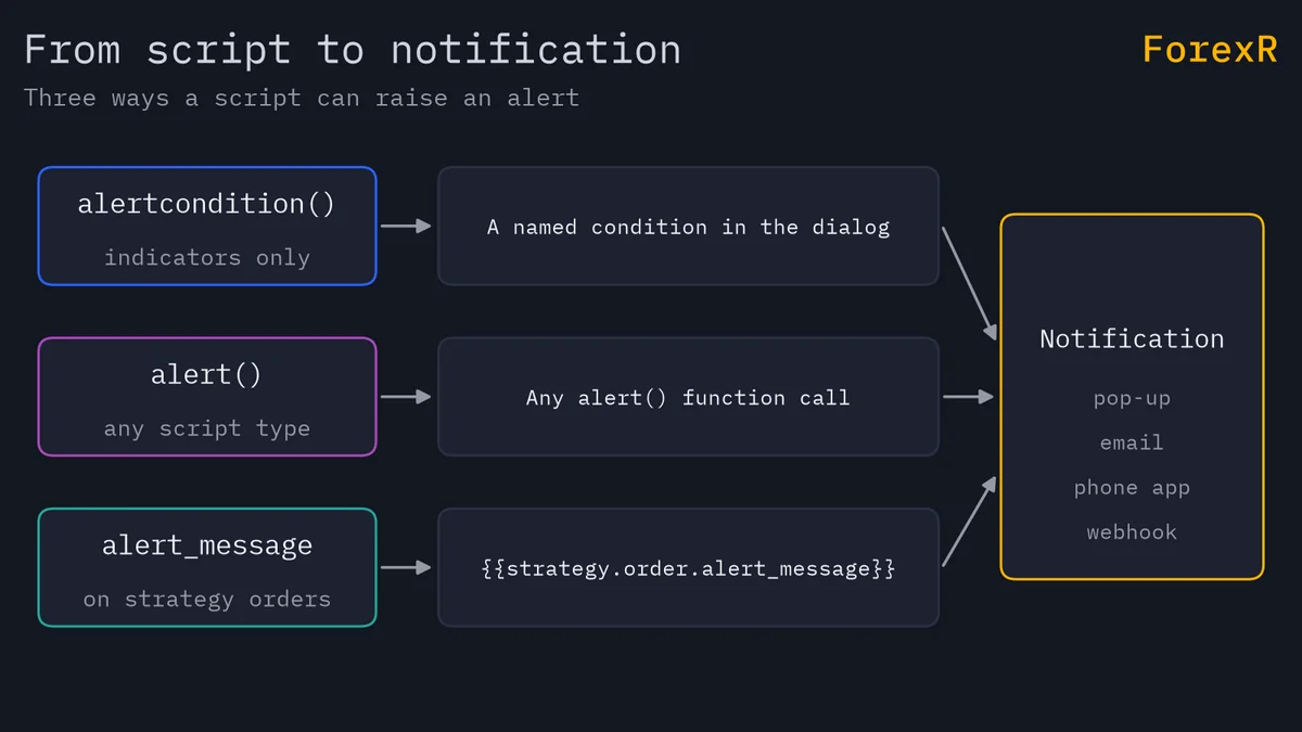 Diagram of three alert paths: alertcondition() gives a named condition in the alert dialog, alert() gives an any-alert()-call option, and a strategy alert_message fills the order message, all ending in a notification