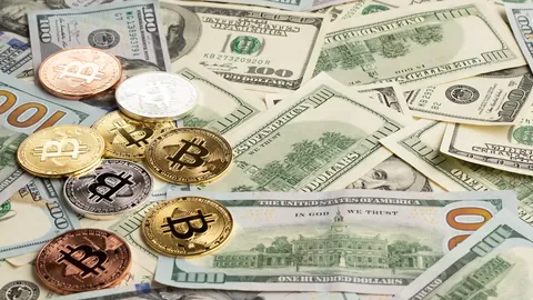 Bitcoin and other crypto coins lying on US dollar banknotes