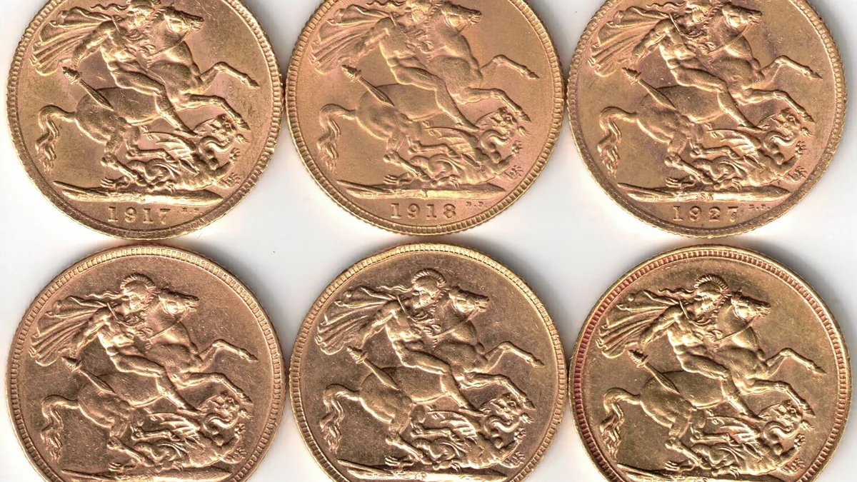 Six gold sovereign coins struck at different branch mints