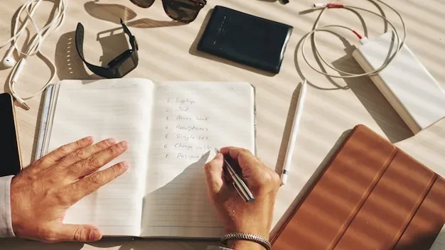 Unrecognizable man writing plan in journal and gadgets lying around on desk