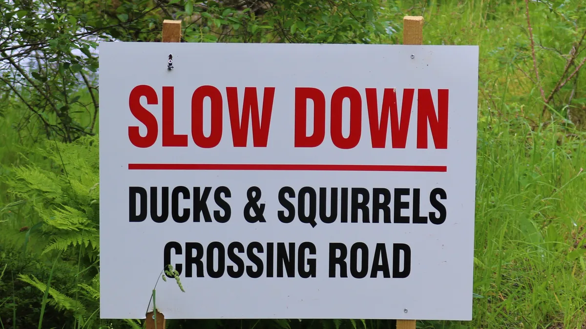 A hand-painted roadside warning sign reading Slow Down among green plants