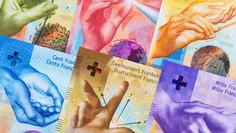 Close-up of colourful Swiss franc banknotes