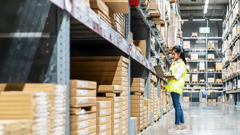 Warehouse worker among shelves of stacked boxes