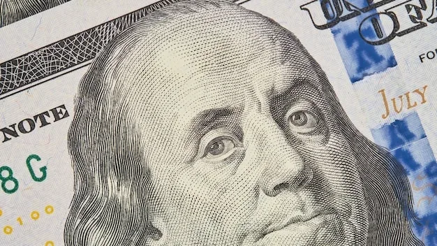 Portrait of Franklin on a hundred dollar bill Closeup of one hundred US dollars banknotes selective focus Business finance concept business news splash screen banner mockup
